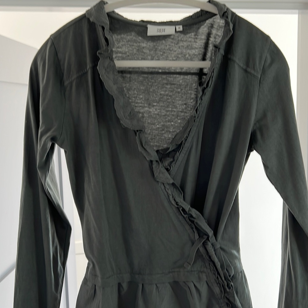 Noa Noa Danish Brand Gray Wrap Knit Top with Ruffle Eyelet Detail